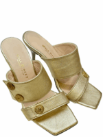 GOLD BUTTON MULE HEELS