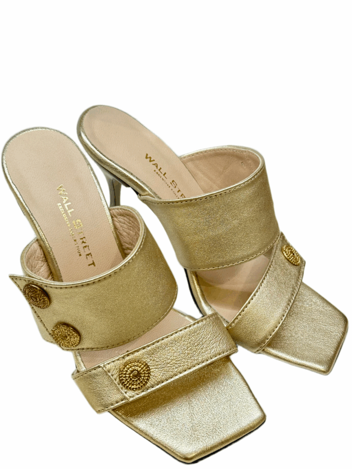 GOLD BUTTON MULE HEELS - Image 1