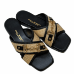 RAFFIA SLIDES WITH GOLD DETAIL