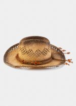 NATURAL RAFFIA COWBOY STYLE HAT W/ ORANGE STONES - Image 3
