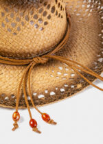 NATURAL RAFFIA COWBOY STYLE HAT W/ ORANGE STONES - Image 4