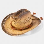 NATURAL RAFFIA COWBOY STYLE HAT W/ ORANGE STONES