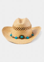 NATURAL RAFFIA COWBOY STYLE HAT BLUE STONES - Image 2