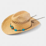 NATURAL RAFFIA COWBOY STYLE HAT BLUE STONES