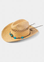 NATURAL RAFFIA COWBOY STYLE HAT BLUE STONES