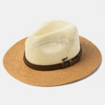 BEIGE & BROWN PANAMA STYLE HAT W/ LEATHER BELT