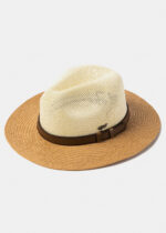 BEIGE & BROWN PANAMA STYLE HAT W/ LEATHER BELT