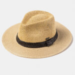 BEIGE PANAMA STYLE HAT W/ LEATHER BRAIDED HATBAND