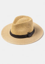 BEIGE PANAMA STYLE HAT W/ LEATHER BRAIDED HATBAND