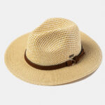 MIXED BEIGE PANAMA STYLE HAT W/ LEATHER BELT