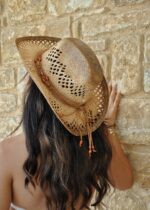 NATURAL RAFFIA COWBOY STYLE HAT W/ ORANGE STONES - Image 5