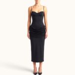 BLACK MIDI DRESS WITH DRAPED LACE