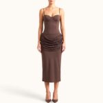 BROWN MIDI DRESS WITH DRAPED LACE