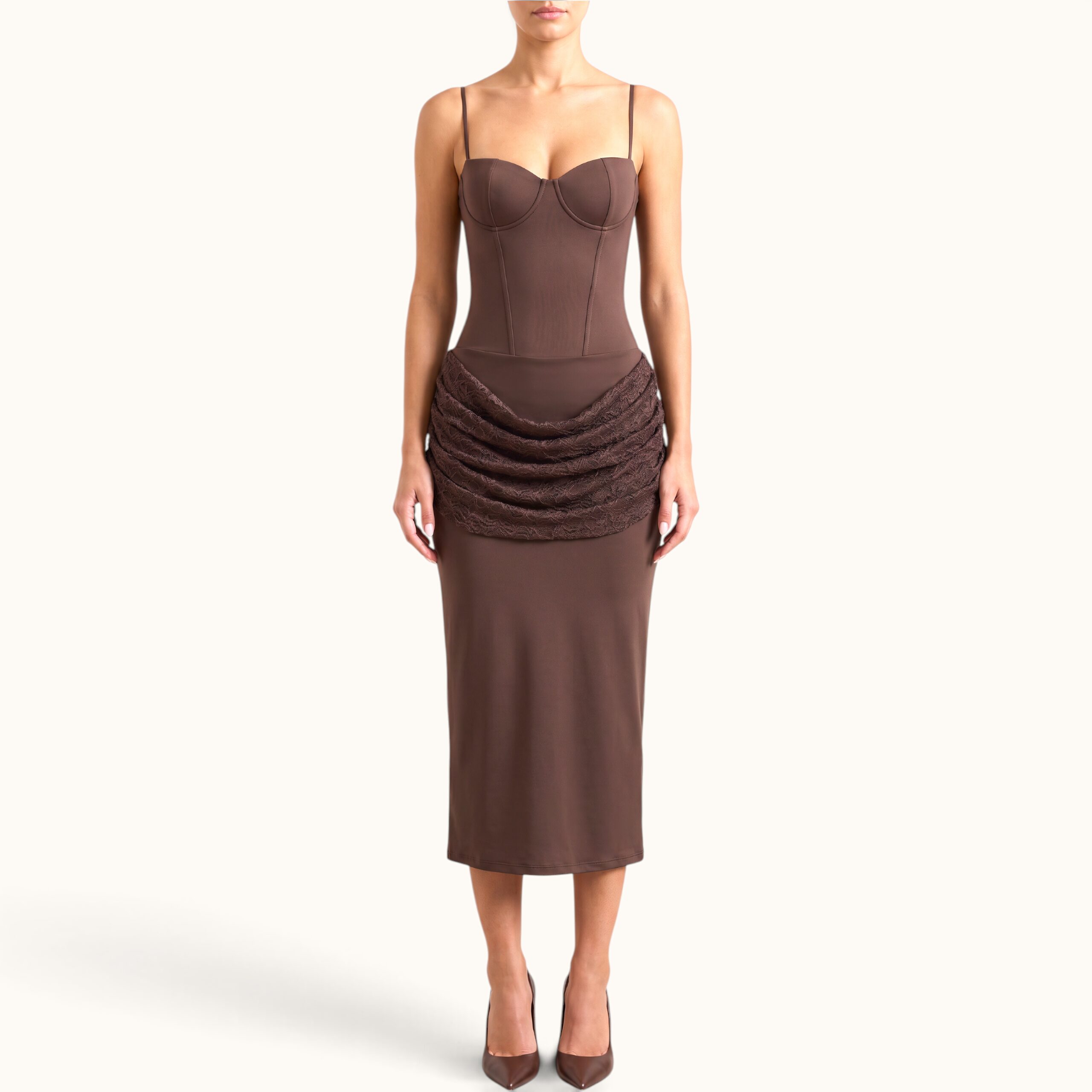 IMG_1257 BROWN MIDI DRESS WITH DRAPED LACE - Image 1