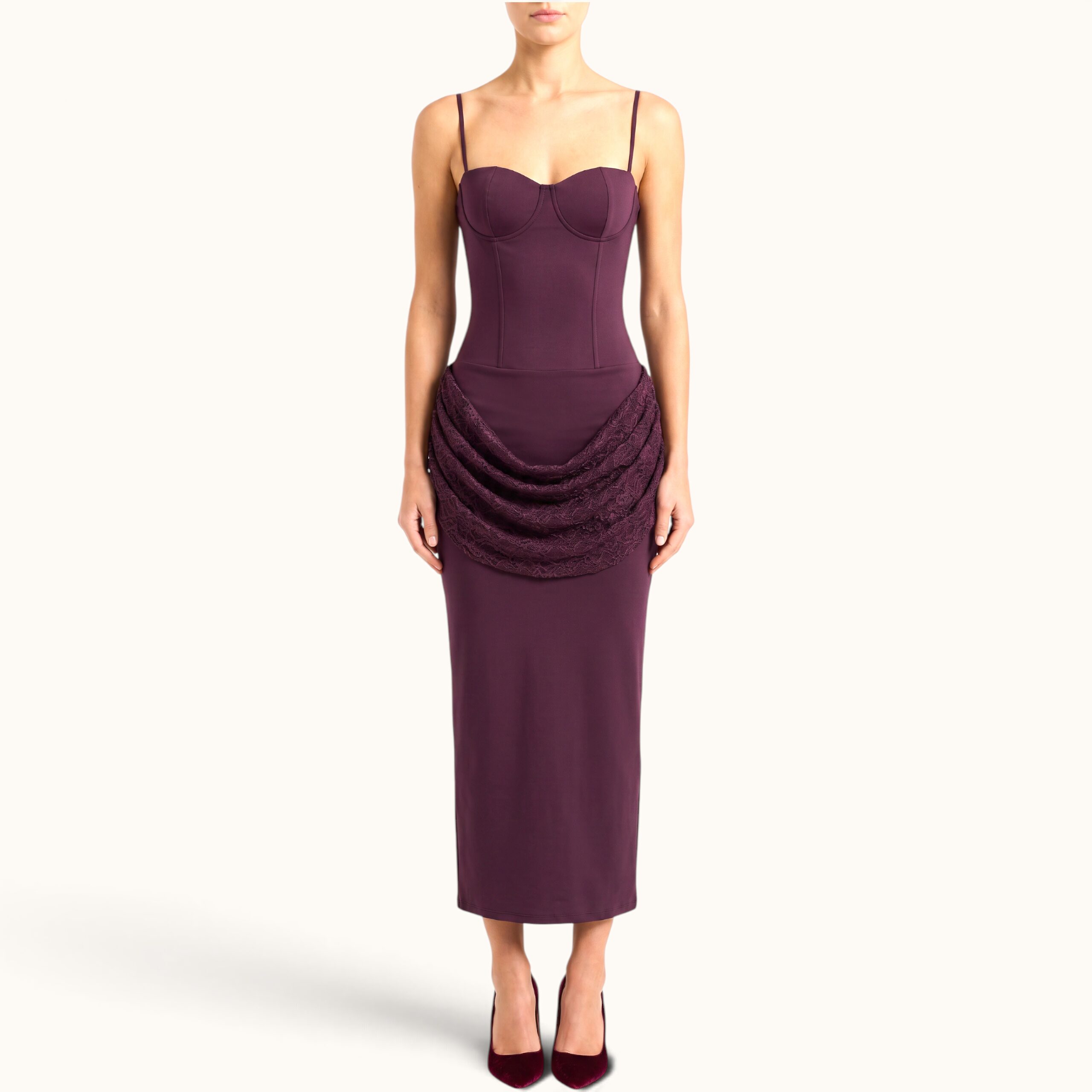 IMG_1258 BURGUNDY MIDI DRESS WITH DRAPED LACE - Image 1